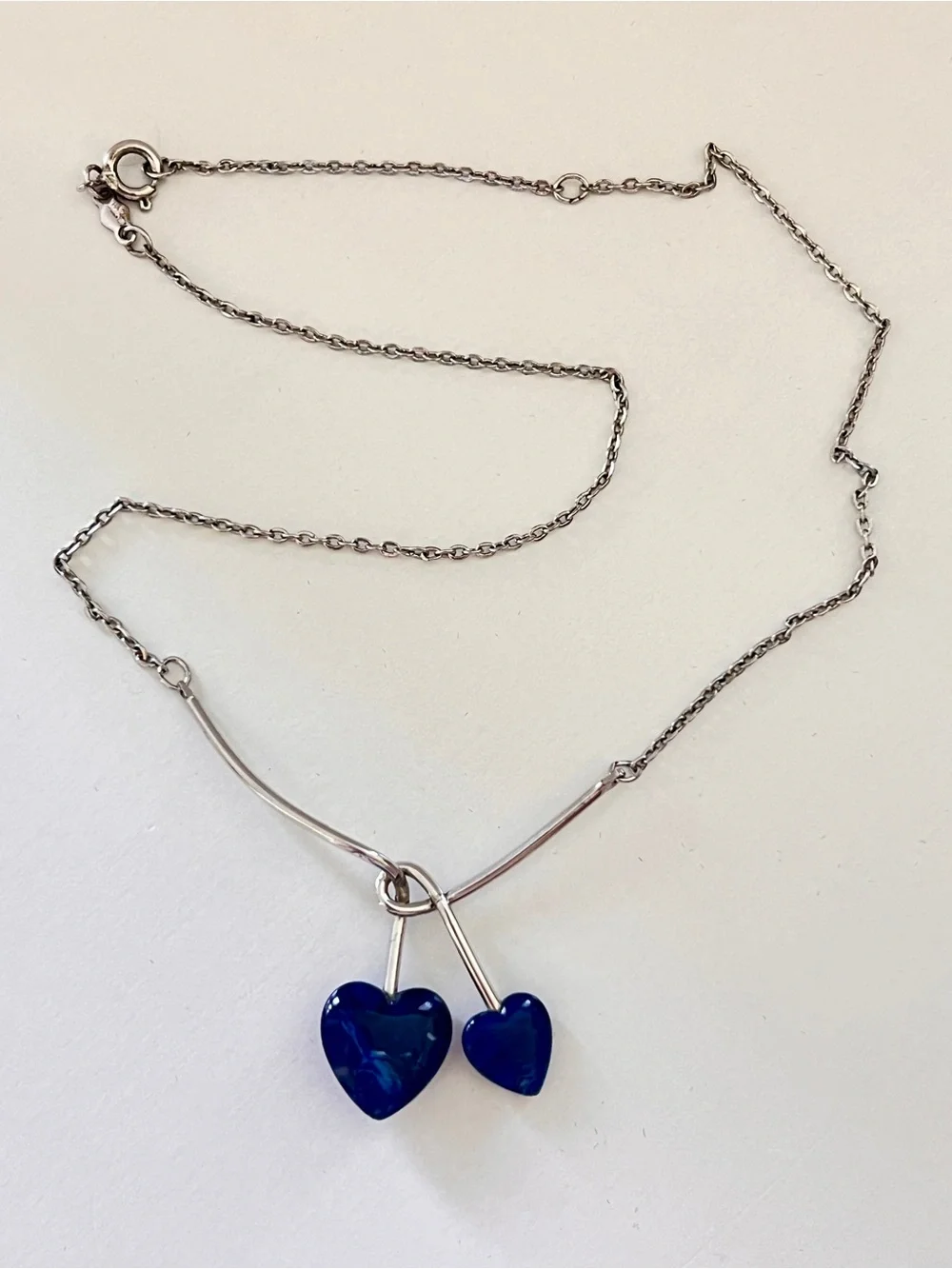 Sarah Coventry 1976 “Duo Hearts” Silver Tone Blue Lucite Necklace Vintage Signed